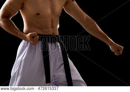 Black Red Belt Taekwondo Karate Male Athlete Man Show Traditional Fighting Poses Punch On Black Back