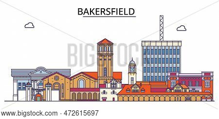 United States, Bakersfield City Tourism Landmarks, Vector City Travel Illustration