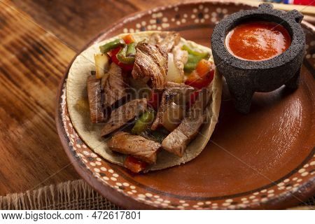 Beef Fajitas Tacos. Alambre De Res. Very Popular Recipe In Mexico, The Main Ingredients Are Pieces O