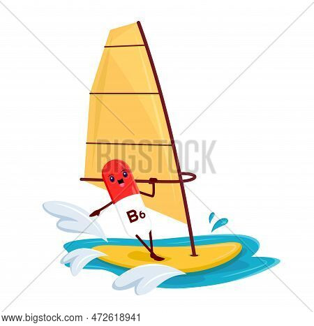 Cartoon Vitamin B6 On Windsurfing. Micronutrient Dragee, Healthy Nutrition Mineral Pill Or Food Supp