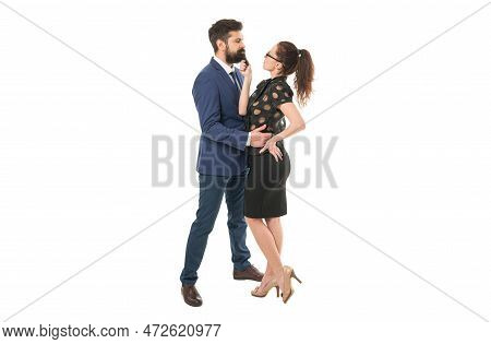 Put Romance Back In Business. Couple In Love Isolated On White. Director And Sexretary Conduct Offic