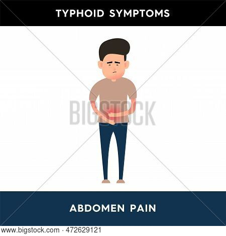 Vector Illustration Of A Man Holding His Stomach. The Person Is Experiencing Pain In The Abdomen. In