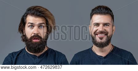 Bearded Man With Long Beard And Mustache Or Handsome Hipster In Barbershop. Shaved Vs Unshaven Barbe
