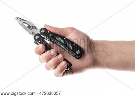 Steel Multitool Isolated On White Background. Opened Multitool With Pliers, File, Blade, Screwdriver