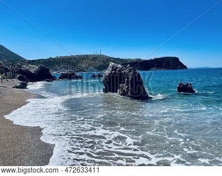 Rocky Beach And Crystal Turquoise Water Of Ionian Sea In Albania.