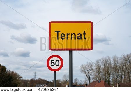 Ternat, Flemish Brabant, Belgium, March 11, 2023 - Sign Of The Ternat Urbanisation And A Speed Limit