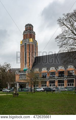 Forest,  Brussels Capital Region, Belgium, March 4, 2023 - The Abbey Park And The Art Deco Tower Of 