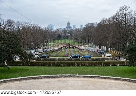 Forest,  Brussels Capital Region, Belgium, March 4, 2023 - Straight View Over The Duden Park With Th