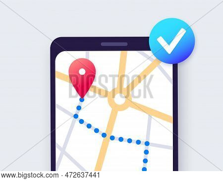 Gps Map Application For Smartphone. Navigation In The City Street. Route And Destination On Phone Di