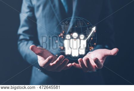 Teamwork Team Leader Hrm Or Human Resource Management, Businessman Holding Magnifying Glass With Ico