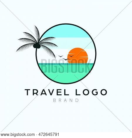 Travel Logo Design. Tropical Landscape Sea And Sunset Logodesign. Beautiful Travel Logo.
