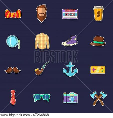 Hipster Icons Set Stikers Collection Vector With Shadow On Purple Background