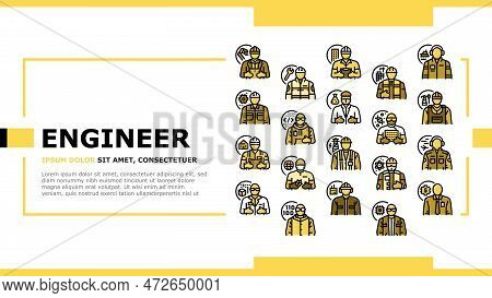 Engineer Technology Work Man Landing Web Page Vector. Engineering Worker, Mechanical Industry, Gear 