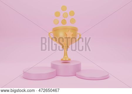 Winners With Prize Golden Cup, Money Coinon Pink Background. Award Ceremony. Victory Success Concept