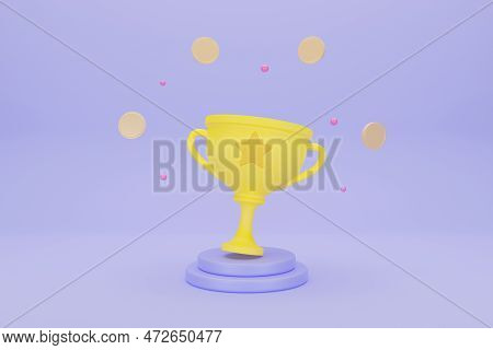 Winners With Prize Golden Cup, Money Coinon Blue Background. Award Ceremony. Victory Success Concept