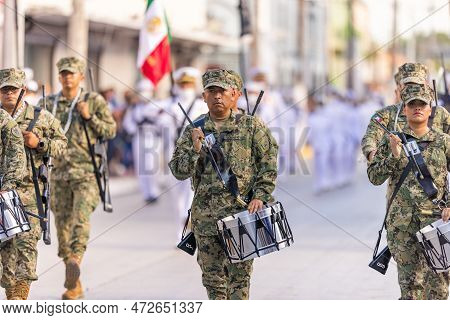 Matamoros, Tamaulipas, Mexico - September 16, 2022: Desfile 16 De Septiembre, Mexican Navys Marching