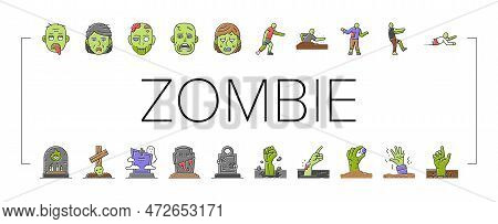 Zombie Horror Scary Dead Evil Icons Set Vector. Monster Creepy, Hand Death, Undead Nightmare, Man Fe