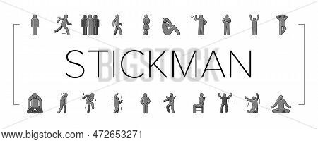Stickman Man People Silhouette Icons Set Vector. Pictogram Human, Stick Person, Figure Posture, Body