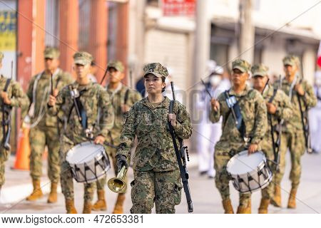 Matamoros, Tamaulipas, Mexico - September 16, 2022: Desfile 16 De Septiembre, Mexican Navys Marching