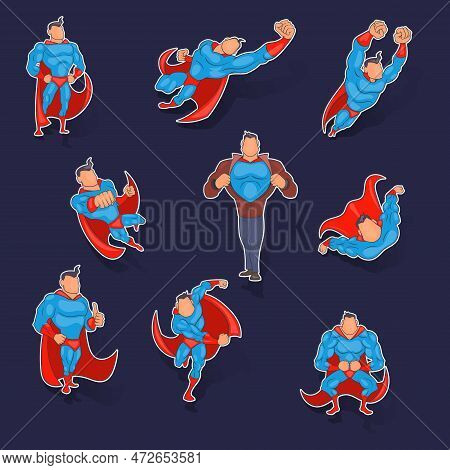 Superhero Icons Set Stikers Collection Vector With Shadow On Purple Background