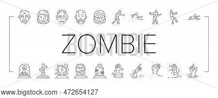 Zombie Horror Scary Dead Evil Icons Set Vector. Monster Creepy, Hand Death, Undead Nightmare, Man Fe