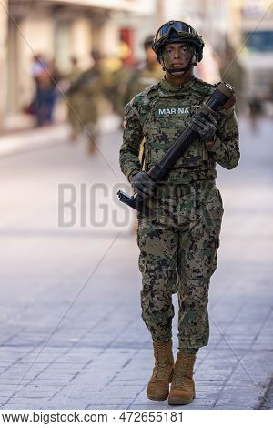 Matamoros, Tamaulipas, Mexico - September 16, 2022: Desfile 16 De Septiembre, Mexican Navy Member Ha
