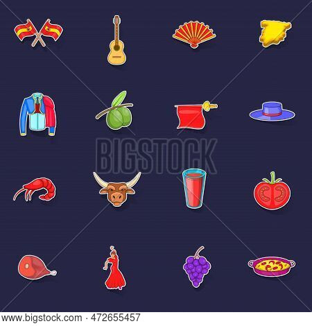 Spain Icons Set Stikers Collection Vector With Shadow On Purple Background