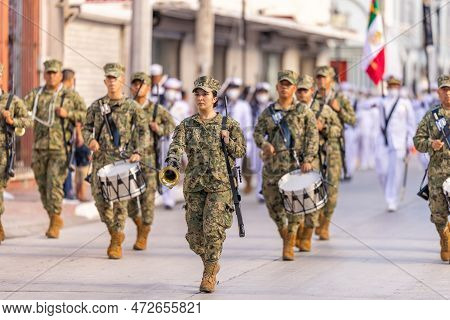 Matamoros, Tamaulipas, Mexico - September 16, 2022: Desfile 16 De Septiembre, Mexican Navys Marching