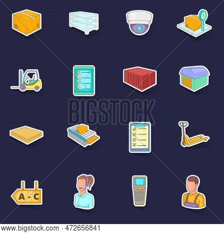 Warehouse Store Icons Set Stikers Collection Vector With Shadow On Purple Background