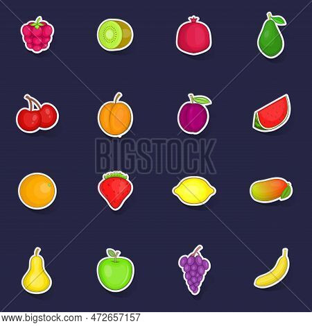 Fruit Icons Set Stikers Collection Vector With Shadow On Purple Background