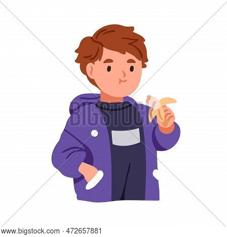 Cute Kid Eating Banana. Child With Healthy Natural Snack, Sweet Vitamin Food In Hand. Happy Little B