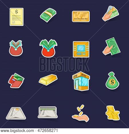 Bank Loan Credit Icons Set Stikers Collection Vector With Shadow On Purple Background