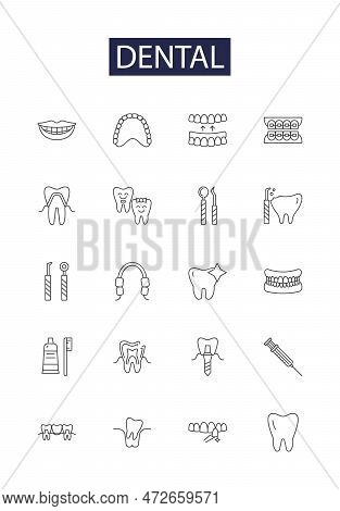 Dental Line Vector Icons And Signs. Cavity, Brushing, Flossing, Orthodontic, Crowns, Tartar, Venneri