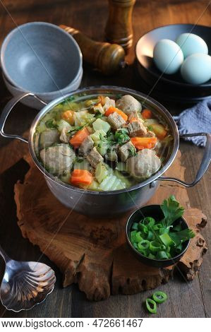 Meatball Soup With Chunks Of Meat And Vegetables