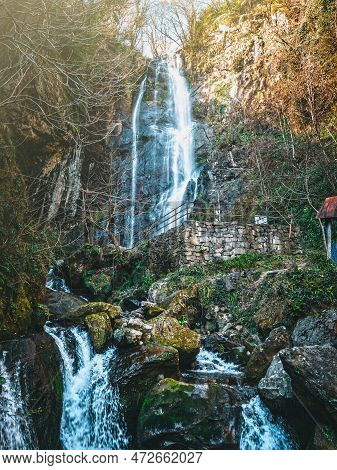 Beautiful Waterfall Mahunceti Or Makhuntseti In Adjara Region In Georgia.
