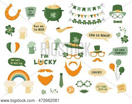 Photo Booth Props For St Patrick's Day Isolated On White. Photobooth Vector Set In Green And Orange.