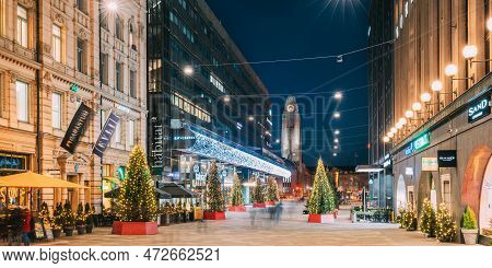 Helsinki, Finland - December 6, 2016: Night View Of Keskuskatu Street In Evening Christmas New Year 