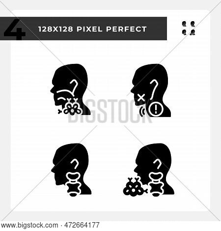 Problem With Throat Treatment Black Glyph Icons Set On White Space. Healthcare For Patients. Gullet 