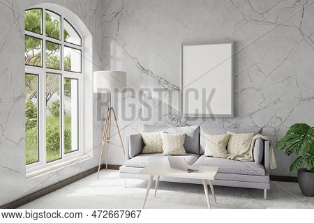 Cozy Living Room Interior In Room Corner; Sunlight Shining Trough Window; Floorlamp And Couch Table 
