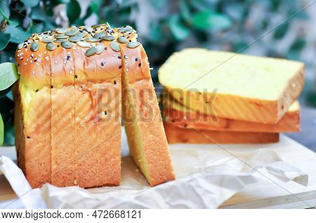 Bread , Pumpkin Bread Or Loaf Of Bread Or Sliced Bread Or Cut Bread With Pumpkin Seed And Sesame Top