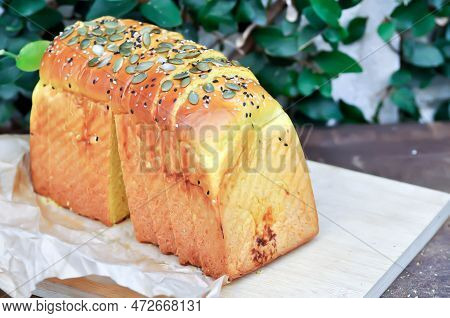 Bread , Pumpkin Bread Or Loaf Of Bread Or Sliced Bread Or Cut Bread With Pumpkin Seed And Sesame Top