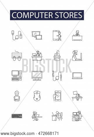 Computer Stores Line Vector Icons And Signs. Stores, It, Electronics, Warehouse, Retailer, Pc, Deskt