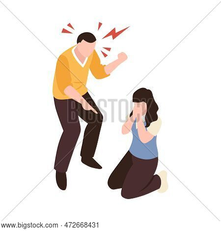 Isometric Partners Husband Wife Conflict Quarreling Family Domestic Abuse Composition Vector Illustr