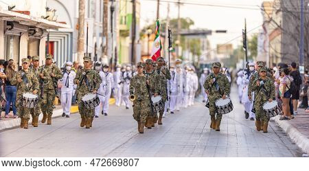 Matamoros, Tamaulipas, Mexico - September 16, 2022: Desfile 16 De Septiembre, Mexican Navys Marching