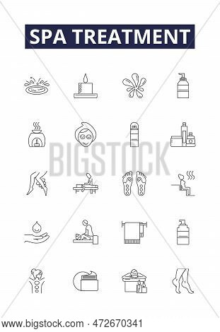 Spa Treatment Line Vector Icons And Signs. Treatment, Massage, Facial, Scrub, Waxing, Manicure, Pedi