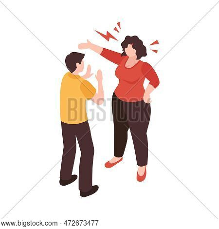 Isometric Partners Husband Wife Conflict Quarreling Family Domestic Abuse Composition Vector Illustr