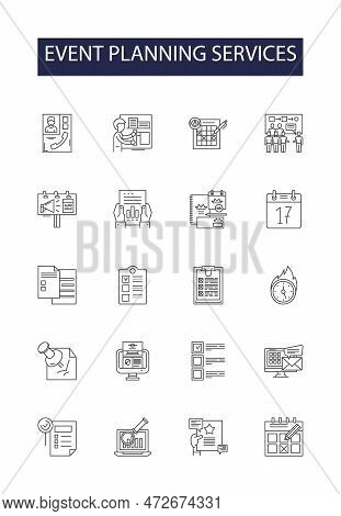 Event Planning Services Line Vector Icons And Signs. Booking, Catering, Coordinating, Contracting, F