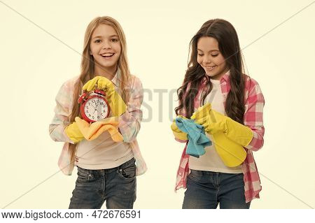 Punctuality Is The Politeness Of Princesses. Cute Little Children Demonstrating Punctuality In Perfo