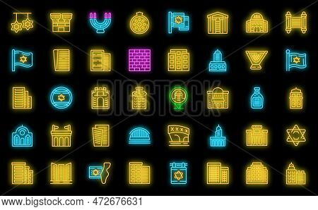 Tel Aviv Icons Set Outline Vector. Israel Skyline. City Tower Neon Color On Black Isolated