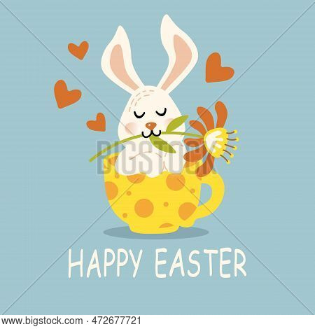 Bunny Holding Flower In Teeth Happy Easter